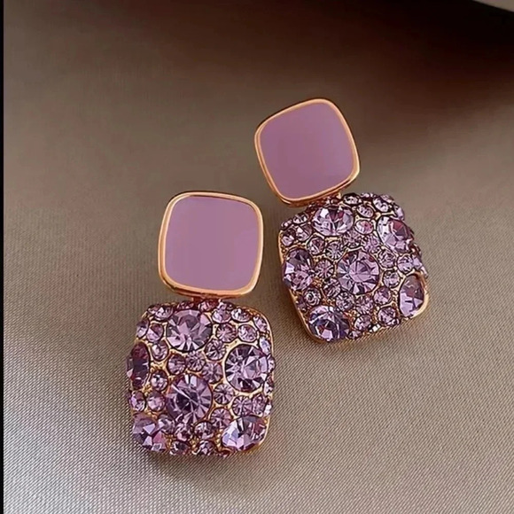 2 LEFT! Purple Rhinestone Square Hoop Earring - Picture 3 of 3